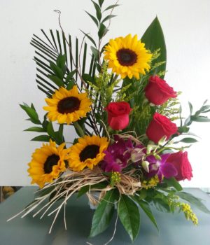 Birthday Sunflowers and Red Roses floral arrangement