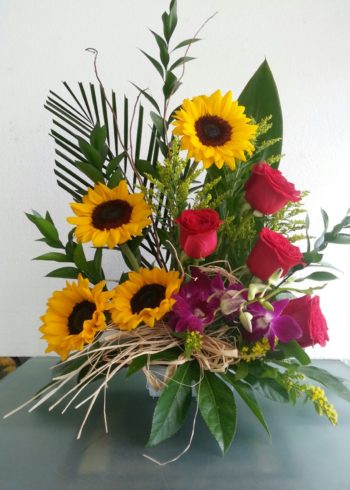 Birthday Sunflowers and Red Roses floral arrangement