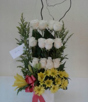 Birthday Exotic 12 White Roses arrangement with yellow daisies accents